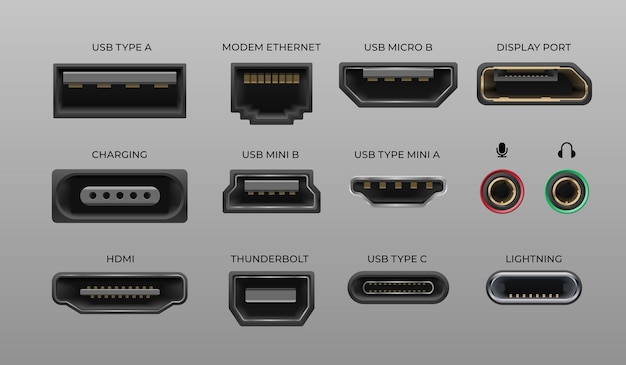 Conector y puertos. USB tipo A y tipo C, puertos de video dibujados a mano MI DVI y Displayport, audio coaxial, thunderbolt