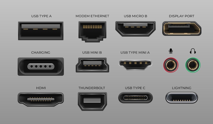 Vector conector y puertos. usb tipo a y tipo c, puertos de video dibujados a mano mi dvi y displayport, audio coaxial, thunderbolt
