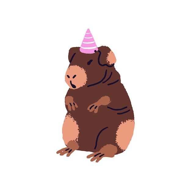 El conejillo de indias feliz en el sombrero de la fiesta celebra el cumpleaños El caviar delgado y lindo se regocija en las vacaciones La pequeña mascota divertida está en el evento festivo de aniversario Ilustración vectorial aislada plana sobre fondo blanco