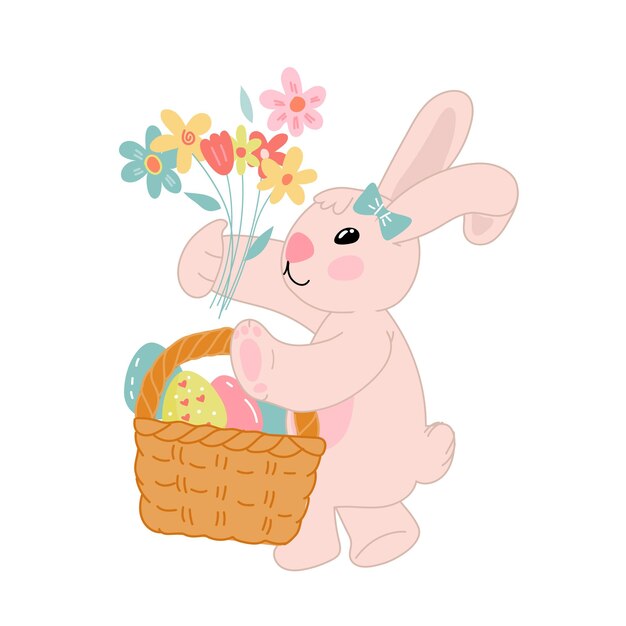 Conejita de pascua con canasta de huevos de colores en lindo estilo kawaii vector plano aislado