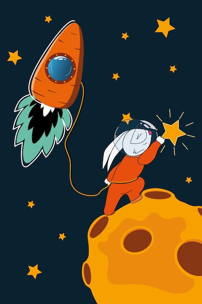 Conejito astronauta en la luna con una estrella en la mano atada a un cohete Carrot en el espacio vegetal