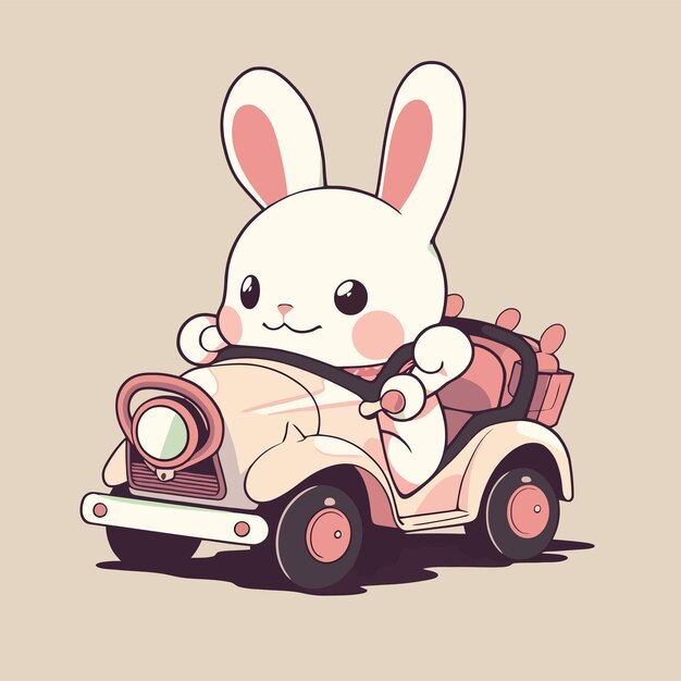 Un conejito conduciendo un auto con un fondo rosa.