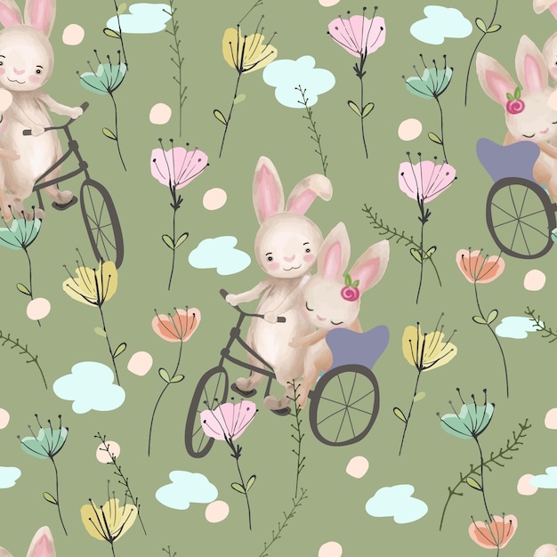 Un conejito de conejo de pareja en patrón sin costuras de jardín de flores de colores