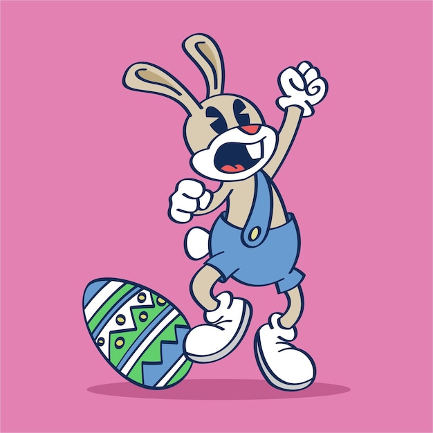 Conejito corriendo con un huevo de Pascua sobre un fondo rosa.