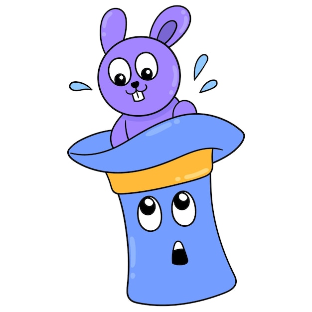 El conejito está dando una sorpresa que sale del sombrero de mago, arte de ilustración vectorial. imagen de icono de doodle kawaii.