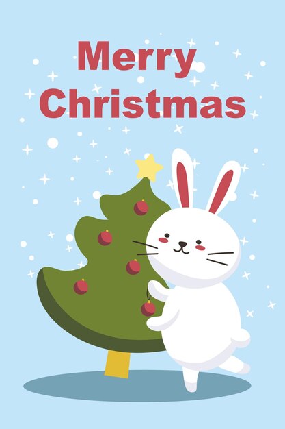 Conejito decorando árbol de navidad aislado Feliz Navidad y Feliz Año Nuevo Personaje de invierno con decoraciones Linda ilustración de vector de temporada de Navidad en estilo de dibujos animados EPS
