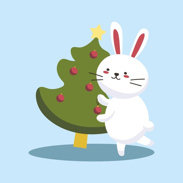 Conejito decorando árbol de navidad aislado Feliz Navidad y Feliz Año Nuevo Personaje de invierno con decoraciones Linda ilustración de vector de temporada de Navidad en estilo de dibujos animados EPS
