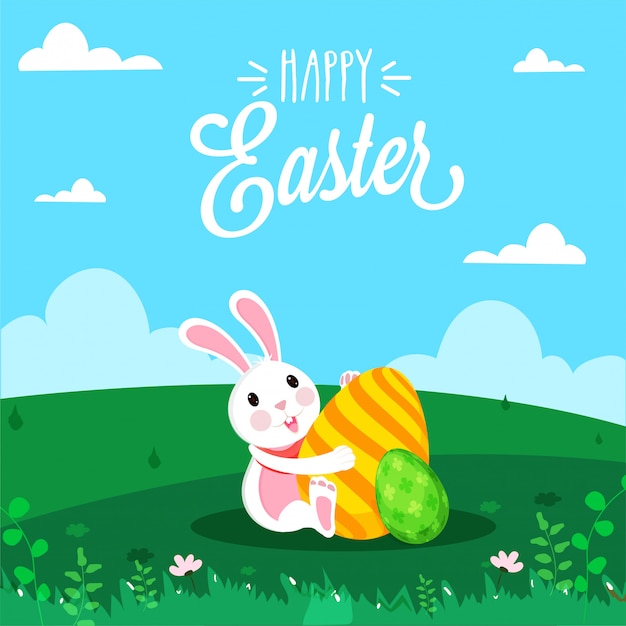 Conejito de dibujos animados con huevos impresos en naturaleza verde y nubes azules, feliz Pascua