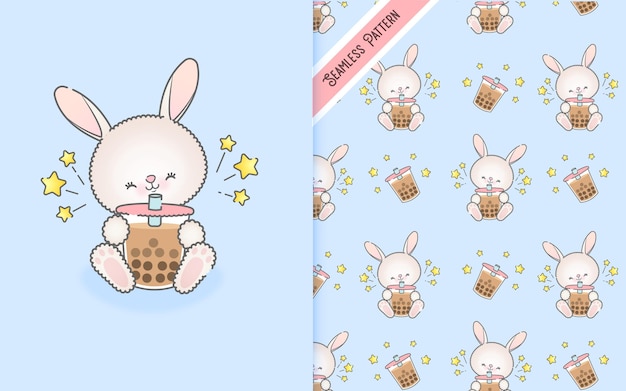 Conejito de dibujos animados lindo bebiendo un batido de leche con patrones sin fisuras Premium