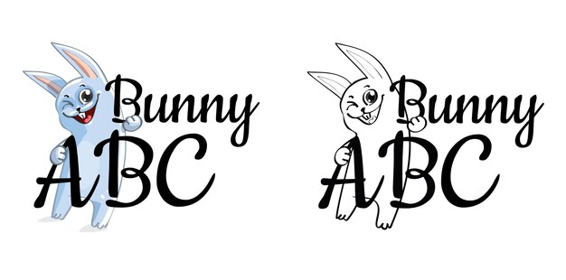 conejito de dibujos animados lindo, sosteniendo palabras Bunny ABC, aislado.