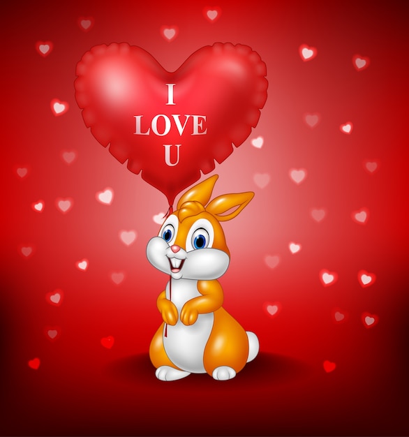 Conejito de dibujos animados sosteniendo globos de corazón rojo