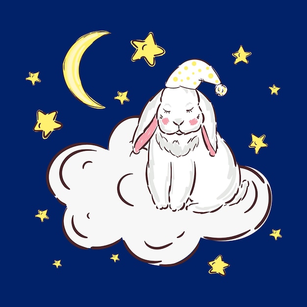 Conejito durmiendo sentado en la luna ilustración dibujada a mano para postales sueños nocturnos vector fondo aislado