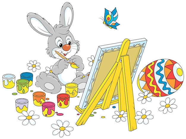 Conejito feliz dibujando un huevo de Pascua pintado de colores en su lienzo