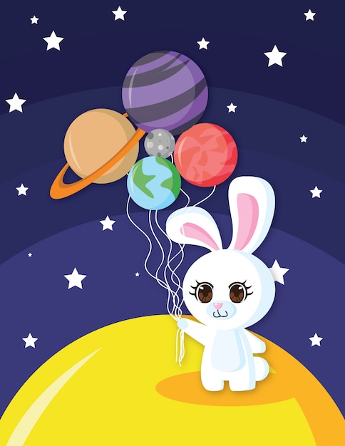 conejito feliz con globos planeta