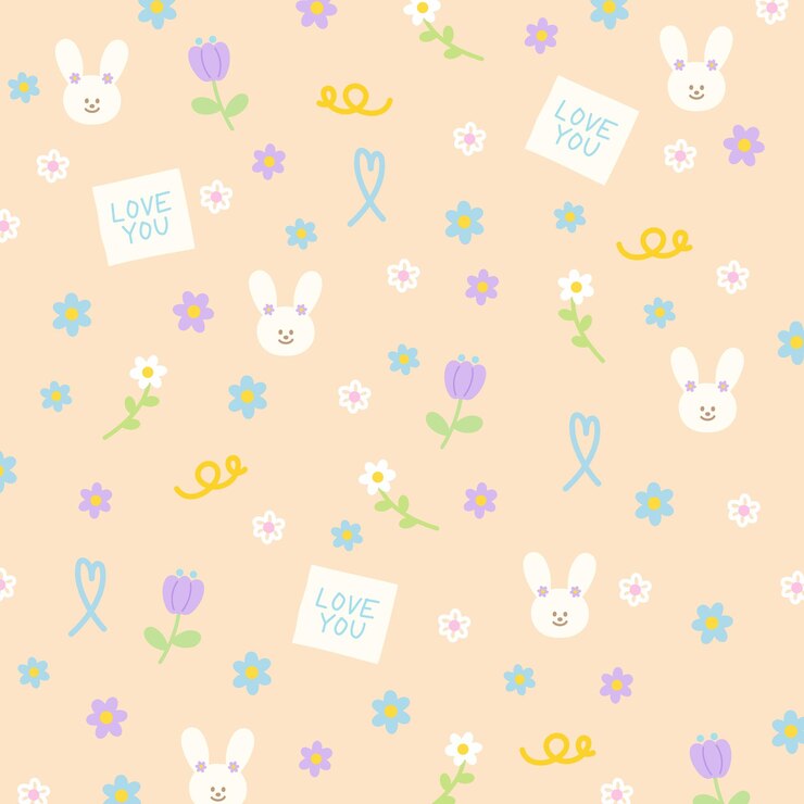 Conejito y flores sobre un fondo naranja pastel para embalaje de impresión de tela de envoltura de regalo de papel tapiz