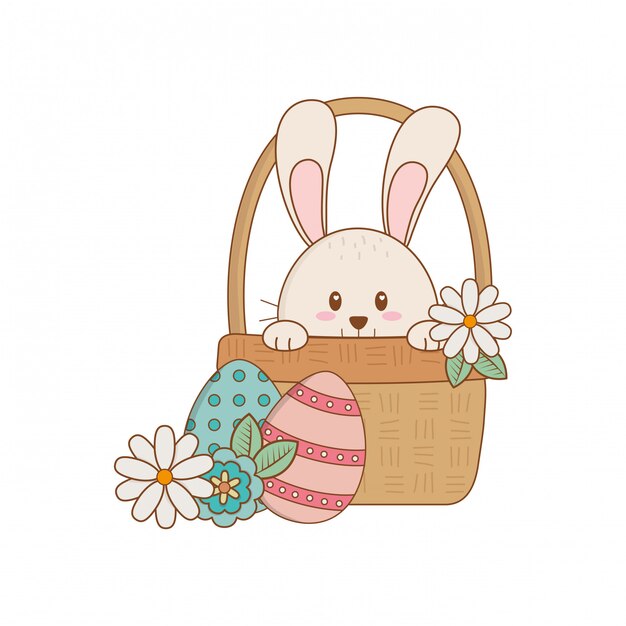 Conejito Con Huevo Pintado De Pascua En Canasta