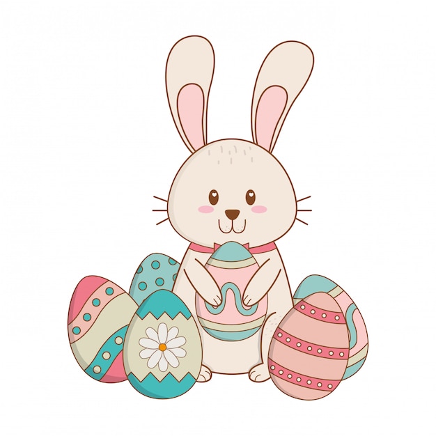 Conejito con huevos pintado con carácter de pascua.