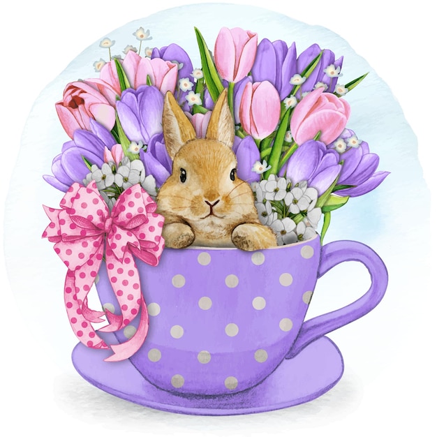 Conejito lindo dibujado a mano acuarela en una taza de té
