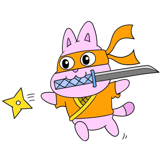 Conejito ninja de dibujos animados kawaii que lleva una espada y lanza un shuriken, personaje lindo dibujo de doodle. ilustración vectorial