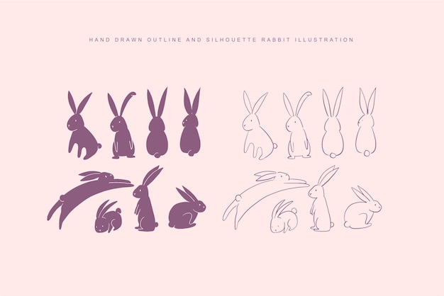 Conejito o conejo dibujado a mano en estilo de contorno y silueta