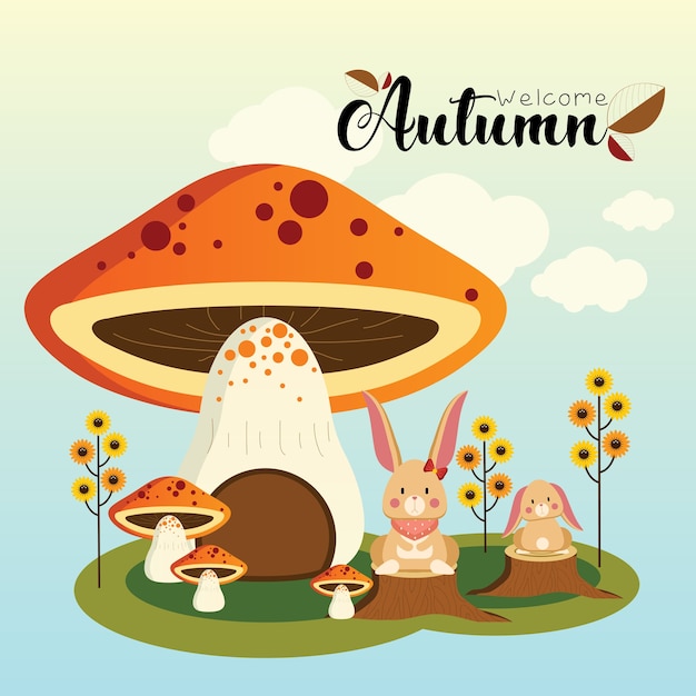 Conejito de otoño con Mushroom House