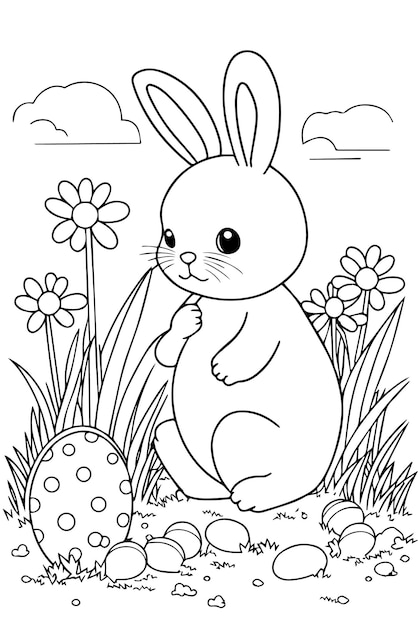 Conejito de pascua buscando huevos en vector de bosque