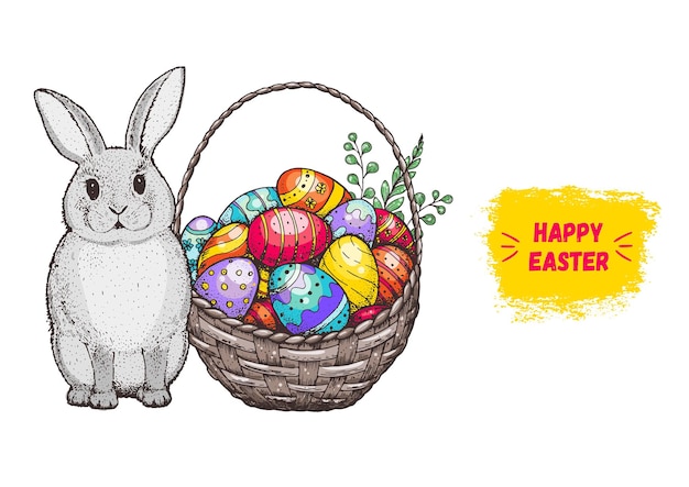 Conejito de Pascua y cesta con huevos de Pascua dibujados a mano Ilustración vectorial vintage Estilo de dibujos animados Imagen colorida