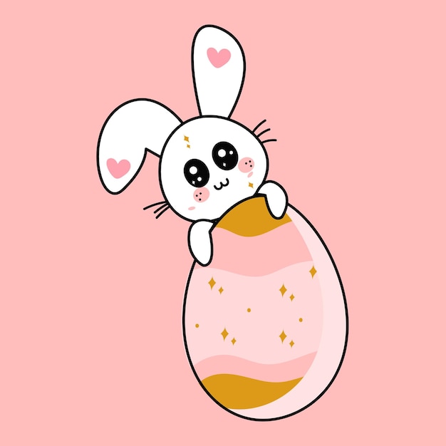 Conejito de pascua en estilo de dibujos animados vector kawaii con huevo