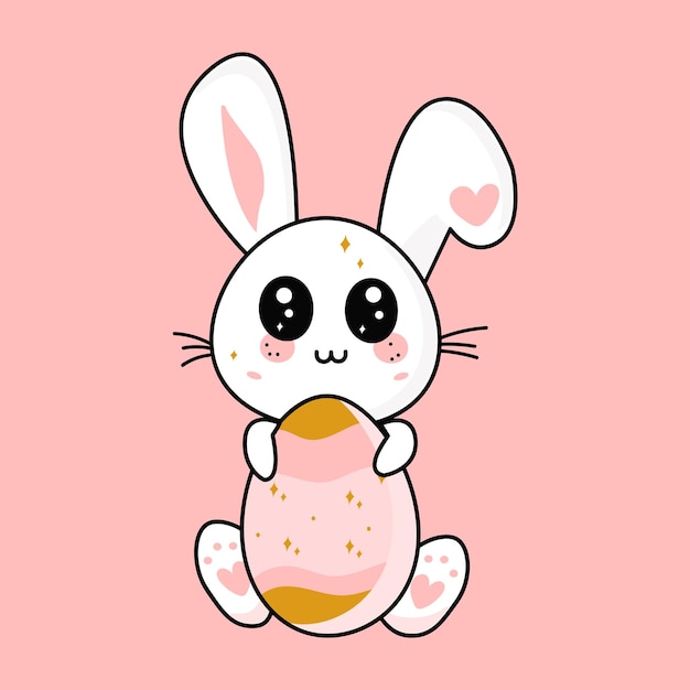 Conejito de Pascua en estilo de dibujos animados vector kawaii con huevo