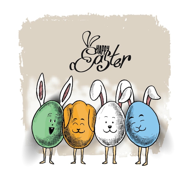 Conejito de Pascua y huevos de Pascua Ilustración de Vector de boceto dibujado a mano