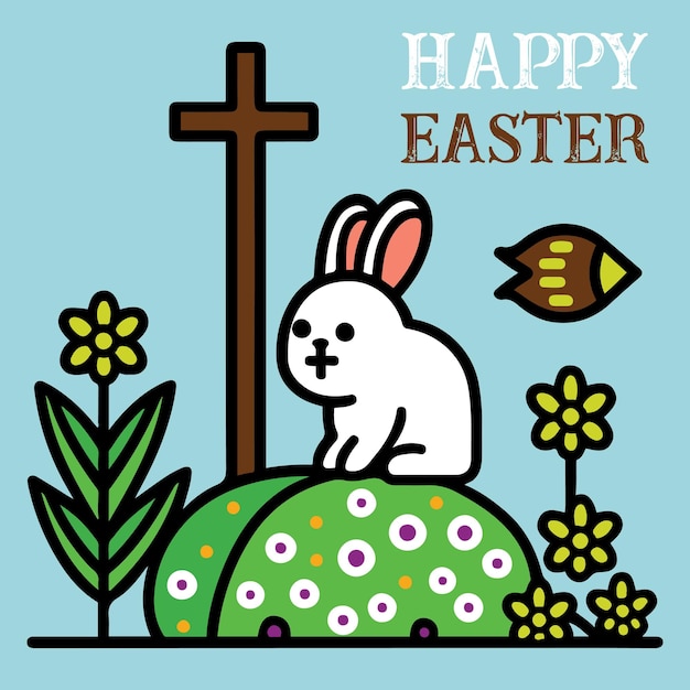 conejito de pascua con ilustración de huevos de pascua vector de contorno negro