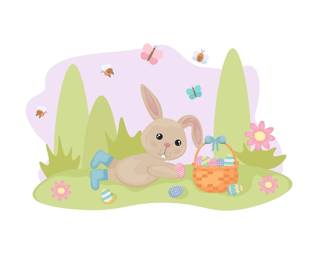 Conejito de pascua un lindo conejo está acostado con una canasta de huevos de pascua abril dibujos animados conejo vector illustrr