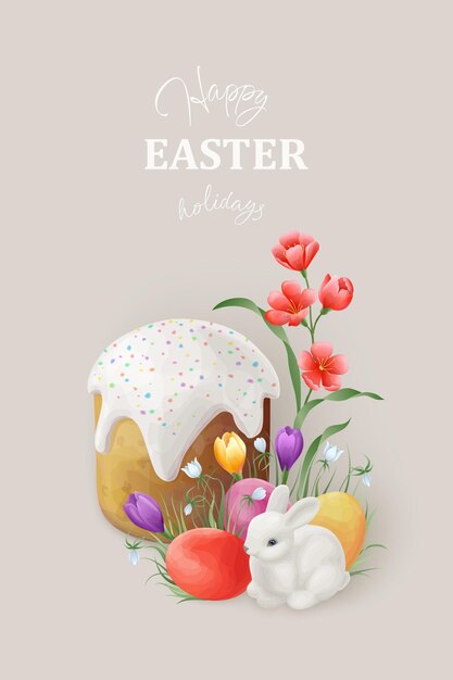Conejito de Pascua sentado junto al pastel de Pascua y huevos con un ramo de flores al estilo acuarela
