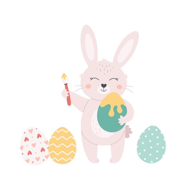 Conejito pintando huevos de Pascua Felices Pascuas