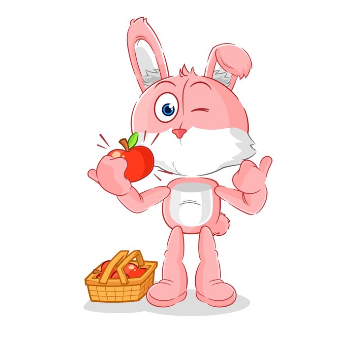 Vector conejito rosa comiendo un vector de caracteres de ilustración de manzana