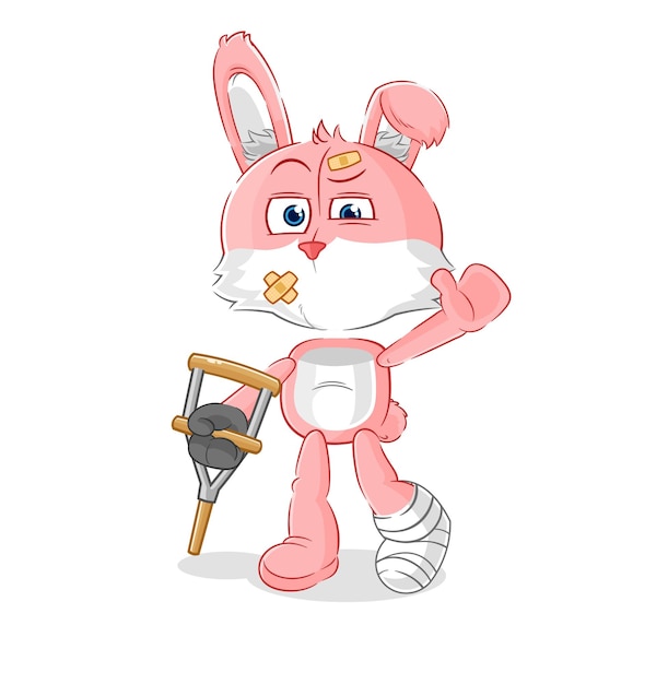 Conejito rosa enfermo con vector de mascota de dibujos animados de palo cojeando