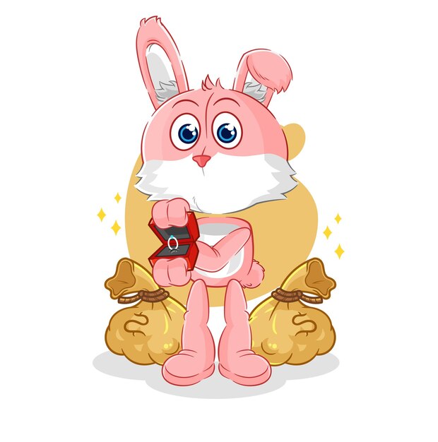 Conejito rosa proponer con vector de mascota de dibujos animados de anillo