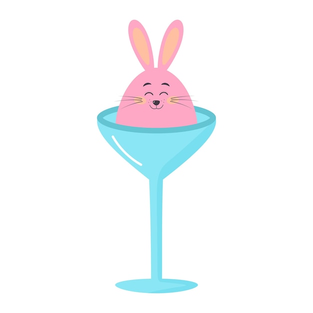 Conejito rosa en el puesto de huevos. Lindo conejo en forma de huevo en la copa de vino. Personaje de dibujos animados de Pascua. ilustración vectorial