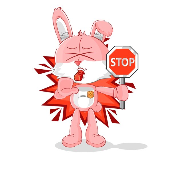 Conejito rosa con vector de mascota de dibujos animados de señal de stop