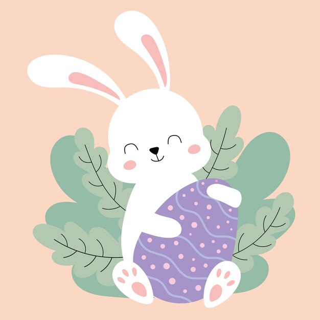 Conejito sosteniendo un huevo de pascua sobre un fondo rosa