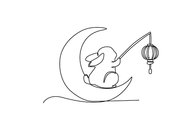 Un conejito sosteniendo linternas en la luna Dibujo de una línea de mediados de otoño