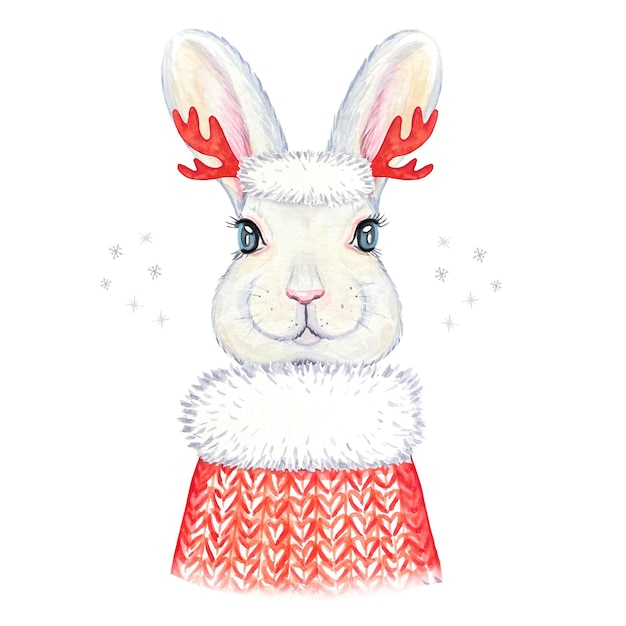 Conejito en un suéter de punto rojo Símbolo de la ilustración de acuarela de año nuevo