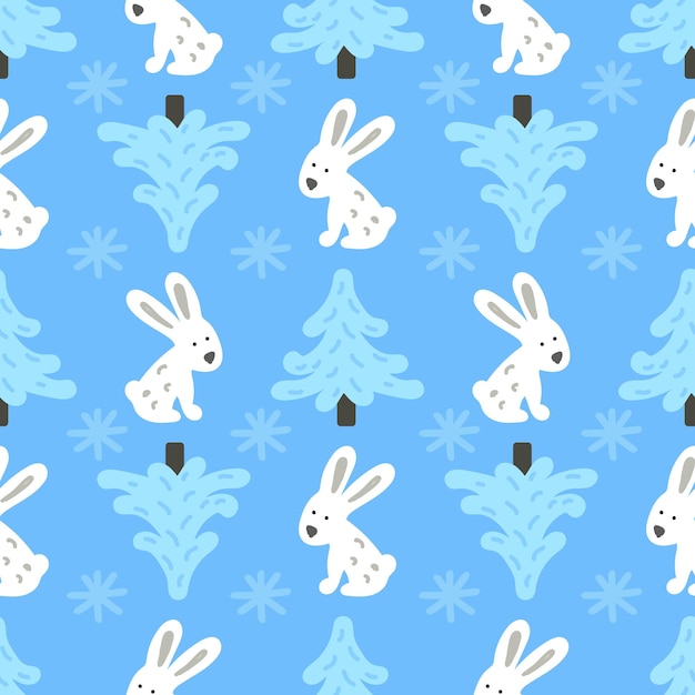 Vector conejitos blancos en árboles de navidad en un patrón de fondo azul