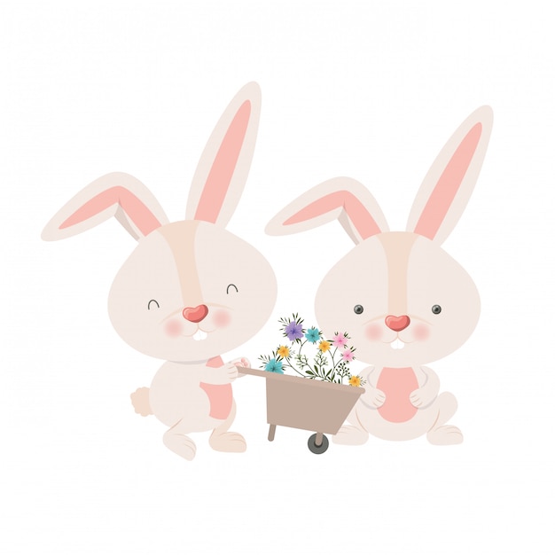 Conejitos con carretilla y flores icono aislado