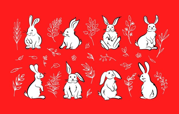 Conejitos de dibujos animados blancos y ramitas de contorno blanco
