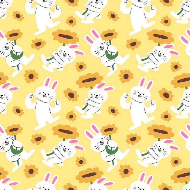 Conejitos lindos con girasoles diseño de patrón sin costuras