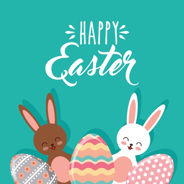 Conejitos marrones y blancos y huevos decorativos feliz pascua