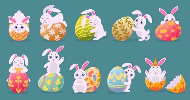 Conejitos de Pascua con huevos de colores Elementos tradicionales de Pascua de dibujos animados Conejitos lindos que llevan huevos de chocolate Set de ilustraciones vectoriales planas Colección de conejitos de pascua de vacaciones