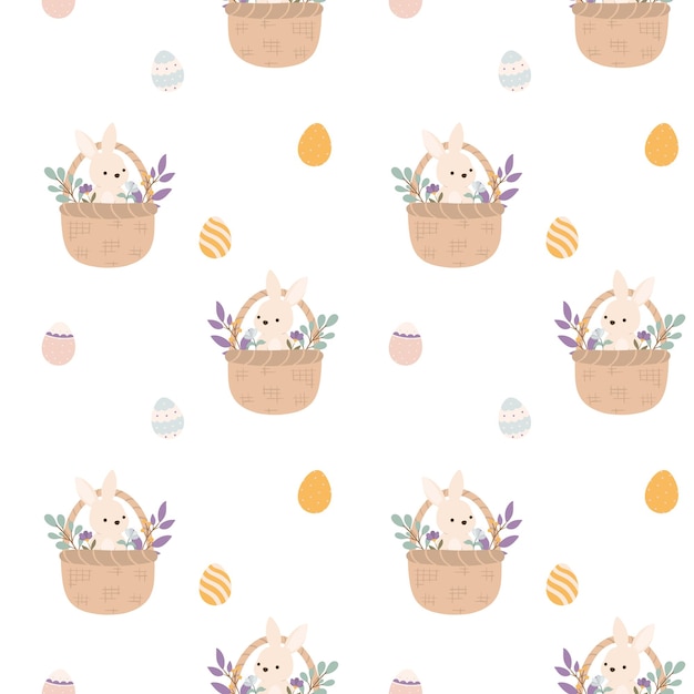 Los conejitos de Pascua sentados en cestas con un patrón sin costuras.
