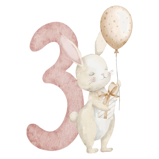 Conejo acuarela de pie con regalo y globo cerca de un número tres ilustración de acuarela linda
